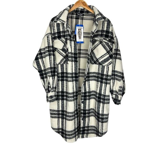 NWT Steve Madden Wool Blend Cream Plaid Button-Up Shacket Size Large - Picture 3 of 10